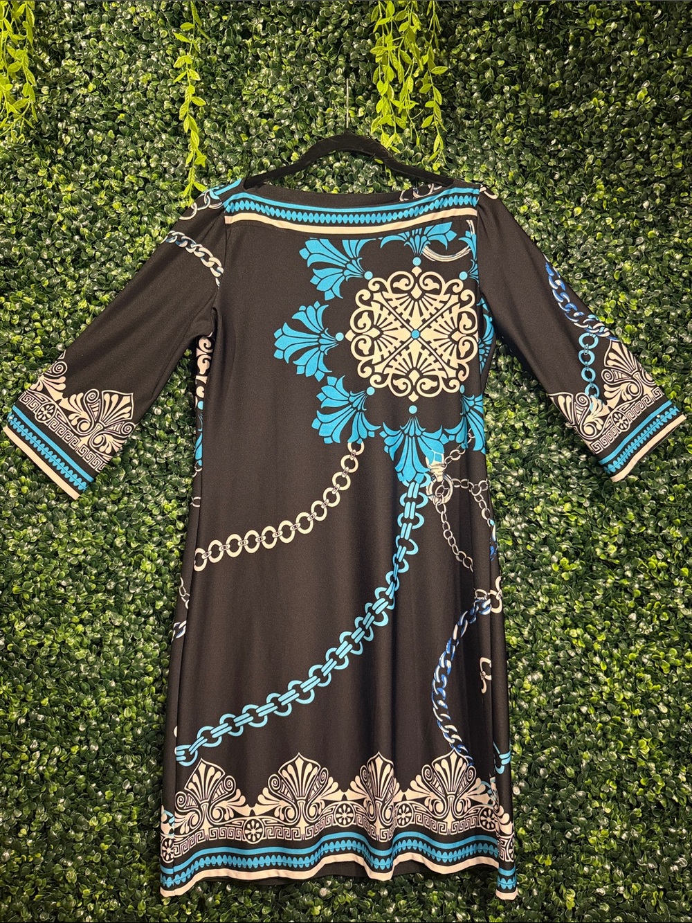 Sweet Storm Black Dress with Turquoise & Cream Chain Print